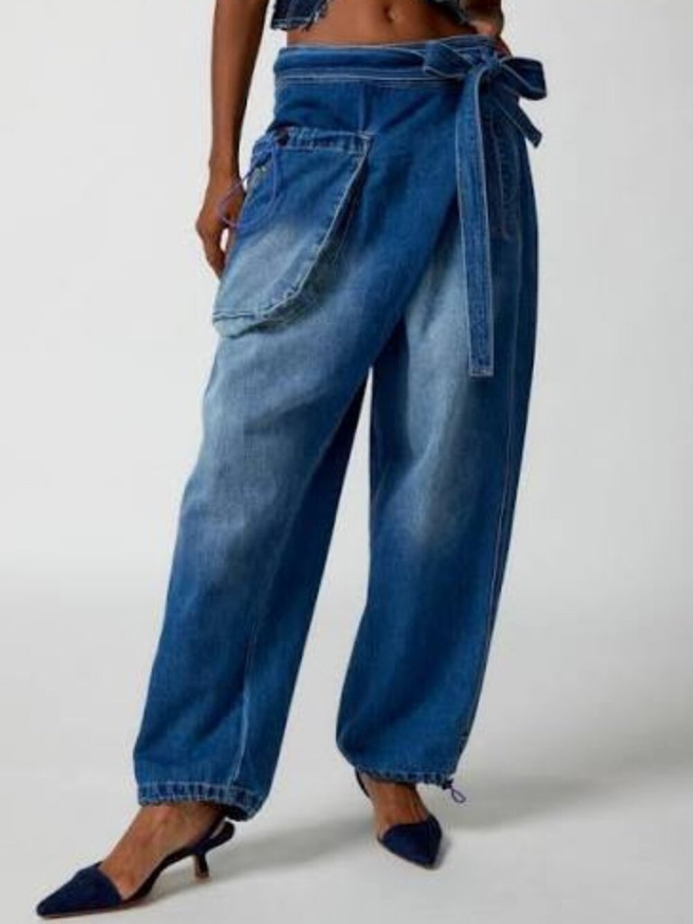 Fried Rice Denim Jeans with giant pouch pockets and wrap tie waist